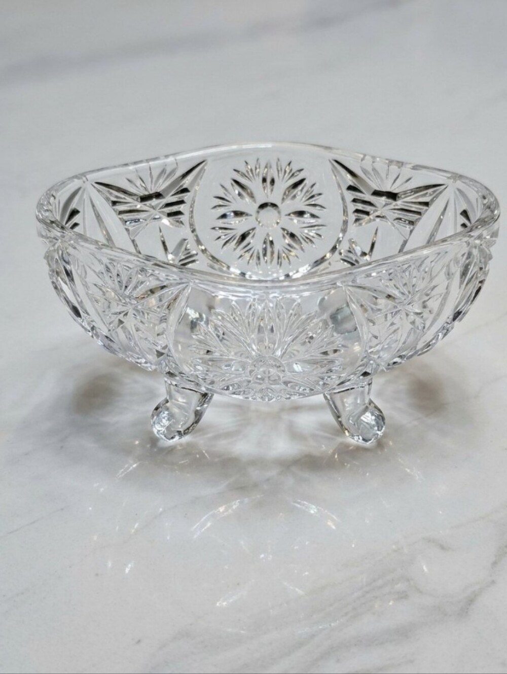 Vintage Cut Crystal Oval Bonbon Dish – 5" Footed Candy Bowl, Starburst & Pinwhee
